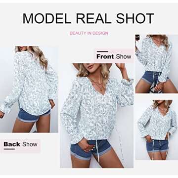 Dokotoo Womens Boho Tops and Blouses V Neck Floral Printed Long Sleeve Ladies Summer Chiffon Shirts with Drawstring Medium Sky Blue