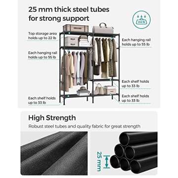 SONGMICS Heavy Duty Clothes Rack, 65 Inch Freestanding Portable Wardrobe with Hanging Rails and Shelves, Total Load 242 lb, Easy Assembly, for Cloakroom, Bedroom, Black URDR201B02