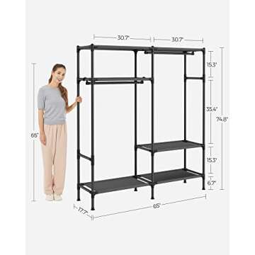 SONGMICS Heavy Duty Clothes Rack, 65 Inch Freestanding Portable Wardrobe with Hanging Rails and Shelves, Total Load 242 lb, Easy Assembly, for Cloakroom, Bedroom, Black URDR201B02