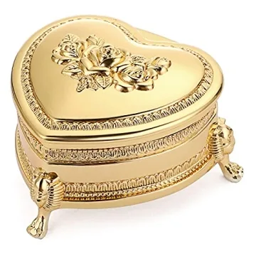 Hipiwe Vintage Metal Jewelry Box with Antique Flower Carved, Small Heart Shape Trinket Organizer Box...