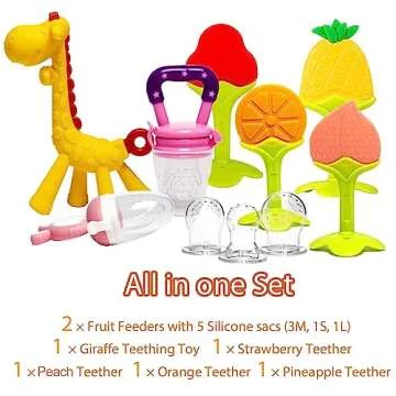 HONGTEYA Teething Toys for Babies 0-6 Months 6-12 Months 6 Pack- 4 Teethers, 2 Fruit Feeders for Newborn Infants BPA Free Natural Organic Freezer Silicone Baby Teethers Set(Pink)