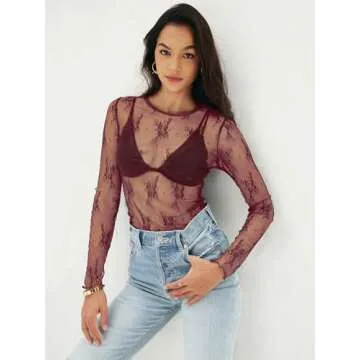 MEROKEETY 2024 Fall Womens Lace Sheer Mesh Long Sleeve Top Crewneck Sexy Y2k See Through Going Out Blouse Shirts, Burgundy, Small