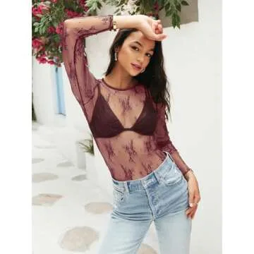 MEROKEETY 2024 Fall Womens Lace Sheer Mesh Long Sleeve Top Crewneck Sexy Y2k See Through Going Out Blouse Shirts, Burgundy, Small
