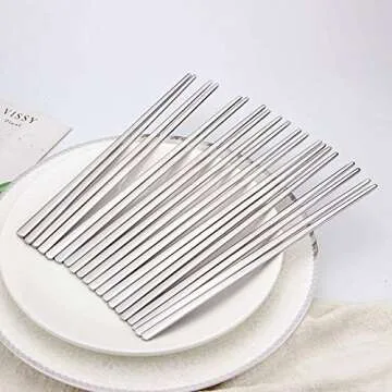 Metal Chopsticks,10 Pairs 304 Stainless Steel Flat Chopsticks, IQCWOOD Premium Chopstick Reusable, Dishwasher Safe Lightweight Korean Chop Sticks Set Classic Style for Dinner (8.66 Inch)