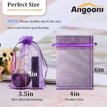 Angooni 4x6 Inches Purple Organza Bags for Party Favors