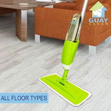 Guay Clean Microfiber Spray Mop - Professional Swift Wet and Dry Floor Cleaning Kit - Swivel Mop Head - Refillable Bottle with Built-in Trigger Sprayer – Safe Pad for All Floor Types - Green