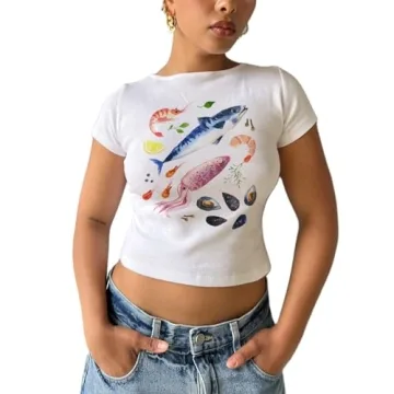 Y2K Baby Tee Bow Print T Shirt Graphic Crop Top Women Teen Girl Short Sleeve Slim Fit Grunge Summer ...
