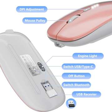Ultra-Thin 2.4G Office Wireless Mouse Mute Charging Mouse Notebook Home Mouse with USB Receiver Compatible for Notebook, PC, Laptop, Computer, MacBook (Rose Gold)