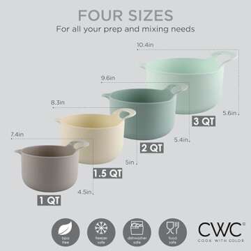 COOK WITH COLOR Nesting Plastic Mixing Bowl Set with Pour Spouts and Handles, Ombre Mint, 4 Piece Non-Slip
