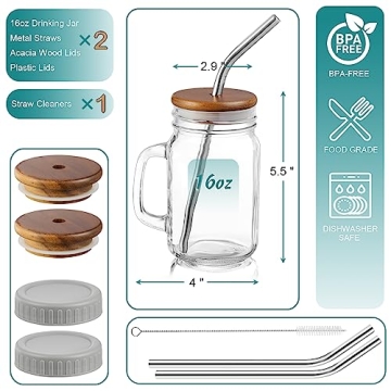 Mason Jar Drinking Cups Set with Lids and Straws