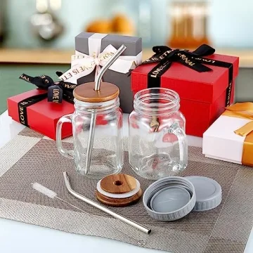 Mason Jar Drinking Cups Set with Lids and Straws