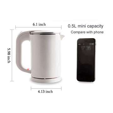 Dual Voltage Electric Kettle 0.5-Liter Travel MINI Electric Kettle Cup Heater Portable Stainless Steel Tea Pot Boiler (White)