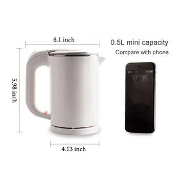 Dual Voltage Electric Kettle 0.5-Liter Travel MINI Electric Kettle Cup Heater Portable Stainless Steel Tea Pot Boiler (White)