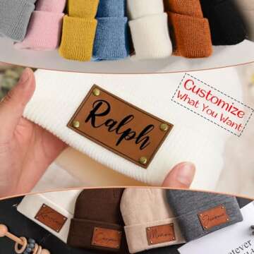 Custom Toddler Baby Beanies, Personalized Baby Knit Hats with Name, Leather Patch Infant Beanies, Winter Hats for Newborn, Kids and Adults Army Green