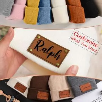 Custom Toddler Baby Beanies, Personalized Baby Knit Hats with Name, Leather Patch Infant Beanies, Winter Hats for Newborn, Kids and Adults Army Green