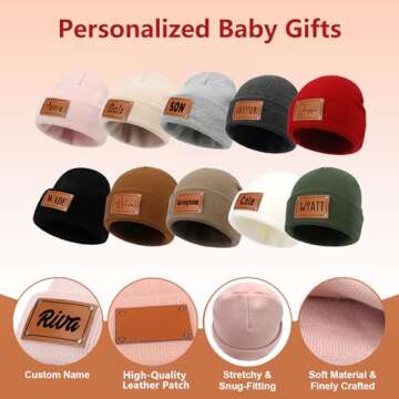 Custom Toddler Baby Beanies, Personalized Baby Knit Hats with Name, Leather Patch Infant Beanies, Winter Hats for Newborn, Kids and Adults Army Green