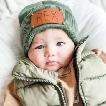 Custom Toddler Baby Beanies, Personalized Baby Knit Hats with Name, Leather Patch Infant Beanies, Winter Hats for Newborn, Kids and Adults Army Green