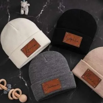 Custom Toddler Baby Beanies, Personalized Baby Knit Hats with Name, Leather Patch Infant Beanies, Winter Hats for Newborn, Kids and Adults Army Green