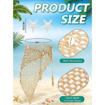 ramede 4 Pcs Mermaid Costume for Women Summer Mermaid Bikini High Waist Swimsuit Crochet Sarong Starfish Hair Clip Halloween(X-Large) Multicolored