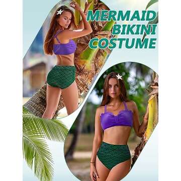 ramede 4 Pcs Mermaid Costume for Women Summer Mermaid Bikini High Waist Swimsuit Crochet Sarong Starfish Hair Clip Halloween(X-Large) Multicolored