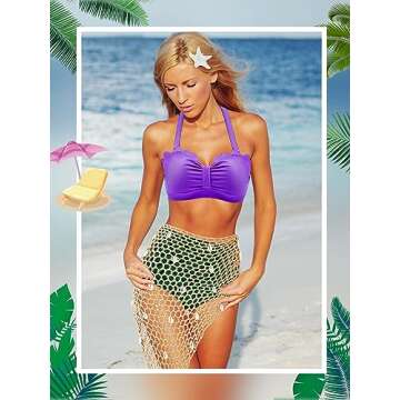 ramede 4 Pcs Mermaid Costume for Women Summer Mermaid Bikini High Waist Swimsuit Crochet Sarong Starfish Hair Clip Halloween(X-Large) Multicolored