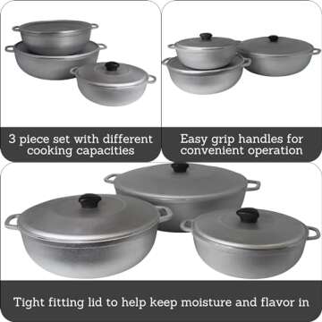 IMUSA USA Traditional Colombian Natural Caldero 3-Piece(1.5/3.5/7.0 Quart) Dutch Oven Set, Silver, S...