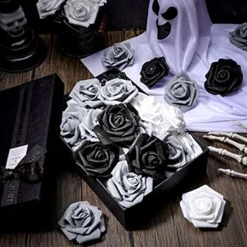 200 Pcs Artificial Rose Heads Bulk Real Faux Roses Foam Rose Heads Mini Fake Rose for Bridal Shower Wedding Flower Arrangements Centerpiece DIY(2.76 Inch,Black, White, Gray)