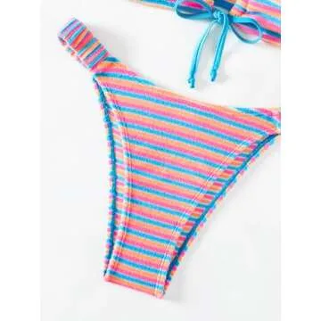 SHENHE Women's 2 Piece Striped Drawstring Bandeau Bikini Set Ring High Cut Swimsuit Striped Multicolor S