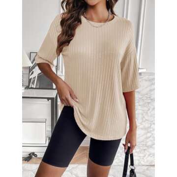 Zeagoo Women's Oversized T Shirts Sweatshirt Ribbed Knit Crewneck Half Short Sleeve Casual Comfy Tunic Tops Apricot
