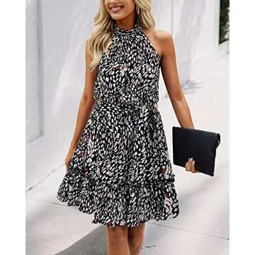 BTFBM Halter Neck Summer Dress for Women - Floral & Polka Dot Print