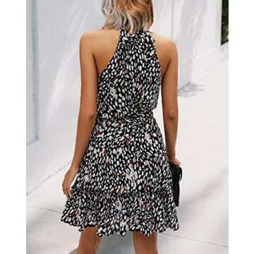 BTFBM Halter Neck Summer Dress for Women - Floral & Polka Dot Print
