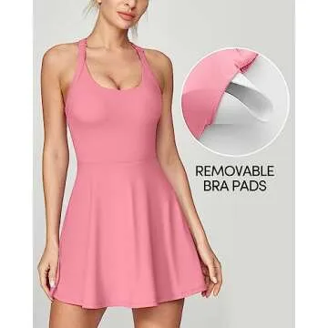 IUGA Womens Tennis Dress with Built in Shorts & Bra Athletic Dress for Women Cut Out Twisted Golf Workout Dress with Pockets Pink