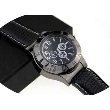 NUHUi Men's Windproof Cig Watch Lighter, Multifunctional USB Rechargeable Sporty Wristwatch Stylish Cool Digital Flameless Quartz Watch(Black)