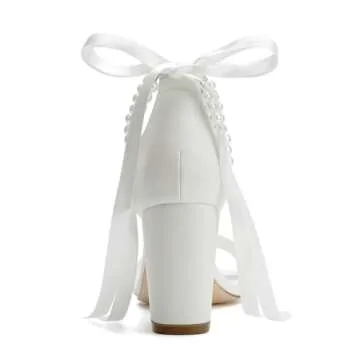 YWXYMGE Block Heel Wedding Shoes for Bride Women Chunky Heeled Sandals Pearl Bridal Shoes