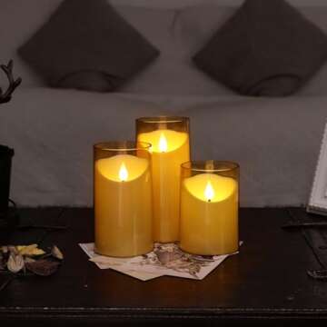 NURADA Flameless Candles: 3D Wick Battery Operated LED Pillar Candles - Acrylic Fake Candle Set for Home Decoration Romantic Ambiance - 3 Pack Gold