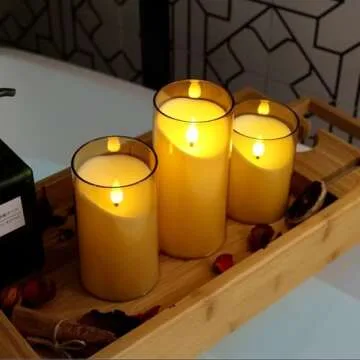 NURADA Flameless Candles: 3D Wick Battery Operated LED Pillar Candles - Acrylic Fake Candle Set for Home Decoration Romantic Ambiance - 3 Pack Gold