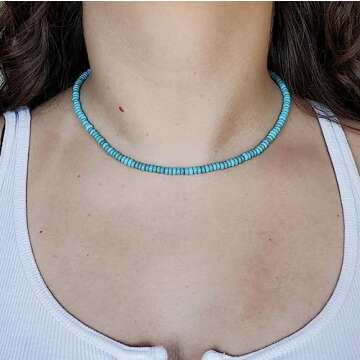 Dainty Natural Turquoise Beaded Choker, Throat Chakra, Turquoise Necklace, Real Turquoise, Gift for Her, Southwest Jewelry (16 Inches)