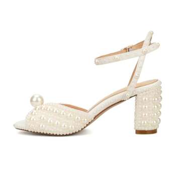 Goolita Full Pearl Heels For Women Block Buckle Ankle Strap Heeled Sandals Rhinestone Open Toe Eveni...