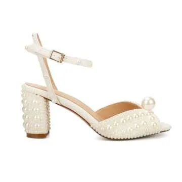 Goolita Full Pearl Heels For Women Block Buckle Ankle Strap Heeled Sandals Rhinestone Open Toe Evening Bridal Shoes For Wedding