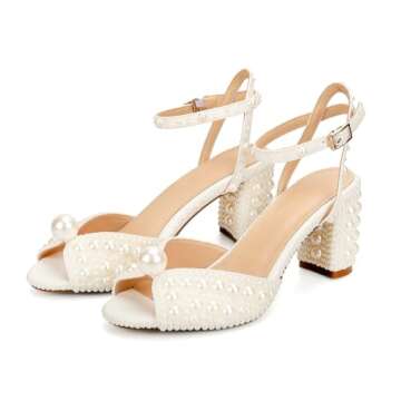 Goolita Full Pearl Heels For Women Block Buckle Ankle Strap Heeled Sandals Rhinestone Open Toe Evening Bridal Shoes For Wedding