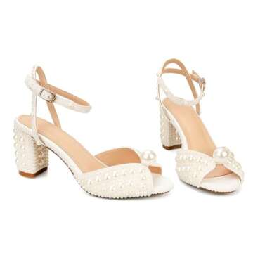 Goolita Full Pearl Heels For Women Block Buckle Ankle Strap Heeled Sandals Rhinestone Open Toe Evening Bridal Shoes For Wedding