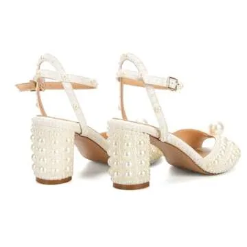 Goolita Full Pearl Heels For Women Block Buckle Ankle Strap Heeled Sandals Rhinestone Open Toe Evening Bridal Shoes For Wedding