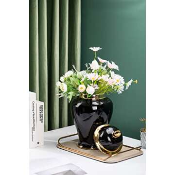 GaLouRo Black Ginger Jar with Gold Trim, Ginger Jar Vase Decor for Centerpiece Table Decorations,Living Room Decor, Shelf Decor,15inches