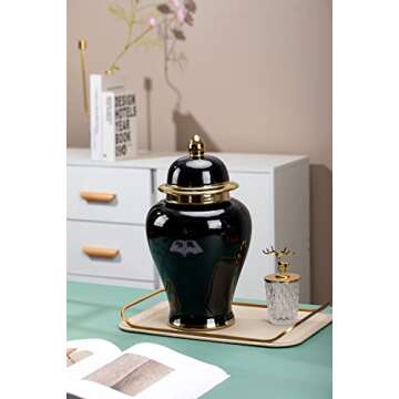 GaLouRo Black Ginger Jar with Gold Trim, Ginger Jar Vase Decor for Centerpiece Table Decorations,Living Room Decor, Shelf Decor,15inches