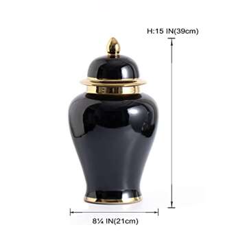 GaLouRo Black Ginger Jar with Gold Trim, Ginger Jar Vase Decor for Centerpiece Table Decorations,Living Room Decor, Shelf Decor,15inches