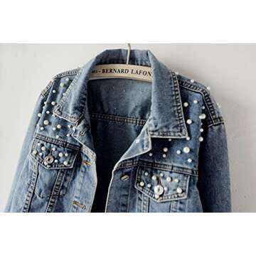 LifeShe Women's Embroidered Pearl Denim Jean Jacket Coat