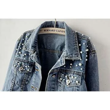 LifeShe Women's Embroidered Pearl Denim Jean Jacket Coat