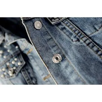 LifeShe Women's Embroidered Pearl Denim Jean Jacket Coat