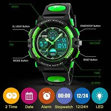 Boys Watches Ages 11-15 Waterproof, Kids Digital Sport Waterproof Watch for Kids Birthday Presents Green Gifts Toys Age 5-16 Teen Boys Girls Children Young Outdoor Electronic Watches Alarm Stopwatch