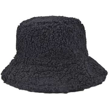 ChezAbbey Faux Fur Bucket Hat, Fuzzy Furry Winter Warm Fisherman Cap, Fluffy Teddy Sherpa Clothe Hats for Women Men Girls Black